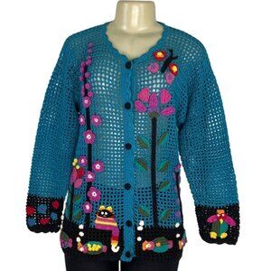 Lee Andersen Womens Hand-Crocheted Button-Front Cardigan With Floral Design